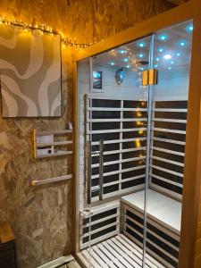 una doccia in bagno con luci sul muro di Cosy home quartier gare lafayette avec spa et sauna privatif ad Angers