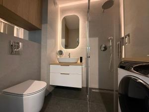 ウォムジャにあるApartament 345の洗面台、トイレ、鏡のあるバスルーム +6枚の写真