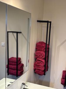 y baño con espejo y toallas rojas. en La grange de Sophie, en Berstett 144 fotos más