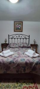 una camera da letto con un grande letto con un copriletto floreale di Casa De Los Abuelos a Ortigosa del Monte