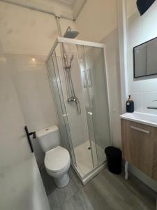 een badkamer met een douche, een toilet en een wastafel bij Apartamento Central Rainha in Caldas da Rainha +6 foto's