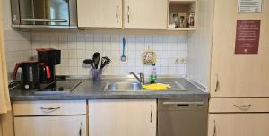 a kitchen with a sink and a counter top at Mollibahnhof - Heiligendamm Mollibahnhof Heiligendamm DZ 04 in Heiligendamm +6 photos