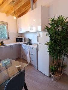 a kitchen with a white refrigerator and a table at Quintal do Olival- Um refúgio na Natureza in Lousã