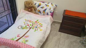 a teddy bear sitting on a bed with a pillow at 3 bedroom modern house in Lahore