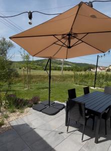 una mesa con una sombrilla grande en el patio en Domus Cobile, en Kobylí