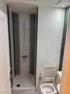 a bathroom with a shower and a toilet at Résidence les jasmins l''aouina in Tunis