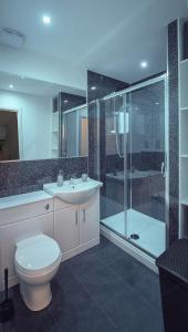 a bathroom with a toilet and a shower and a sink at Bluetree Apartments Guild Street City Center in Aberdeen