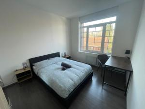 a bedroom with a bed and a desk and a window at Business Apparts Caudry in Caudry
