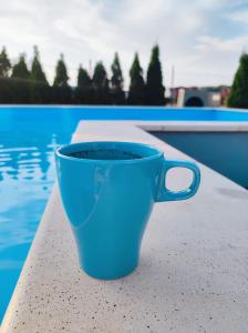 a blue cup sitting on a ledge next to a swimming pool at Apartament KaJa in Rewal +8 photos
