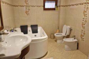 a bathroom with a tub and a sink and a toilet at Bucovina-MountainHouse-5Br-Fireplace-HotTub-WiFi in Suceviţa +17 photos