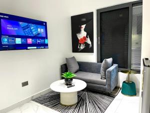 a living room with a couch and a tv at Cozy 1-bedroom Apartment, East Legon in Accra