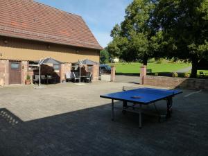 a blue ping pong table in front of a building at Ferienunterkünfte Zur Mühle in Mossautal