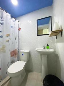 a bathroom with a toilet and a sink and a mirror at Lotus Centro HIstorico in Santa Marta