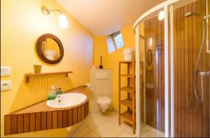a bathroom with a sink and a toilet and a shower at Gîte du Kiwi in Luttenbach-près-Munster +23 photos