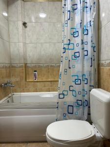 a bathroom with a toilet and a shower curtain at Down Town Apartment 2 in Gjilan