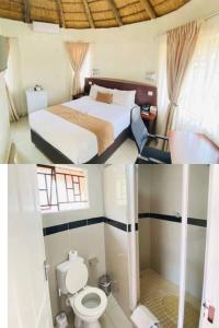 two pictures of a bedroom with a bed and a bathroom at Nkanga Hotel in Kasane