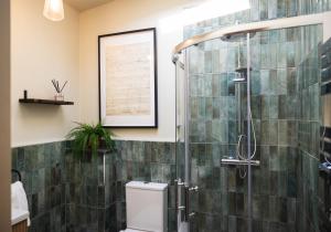 a bathroom with a shower and a toilet at Neddy Meadow in Grinton +26 photos
