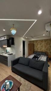 a living room with a couch and a bed at Studio at walking distance from airport in Pune