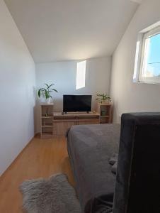 a bedroom with a bed and a flat screen tv at Međimurski San in Lopatinec