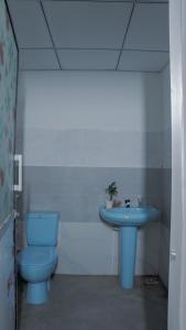 a bathroom with a blue toilet and a sink at Diamond Mount Villa in Dambulla