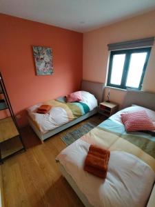 due letti in una stanza con pareti arancioni di Casa Andorinha 