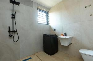 Un baño con ducha, inodoro y lavabo. en Pks Premium Apartment, en Nopendaw