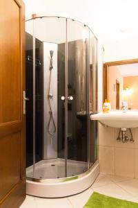 a glass shower in a bathroom with a sink at Kazinczy Dream Apartment in Budapest