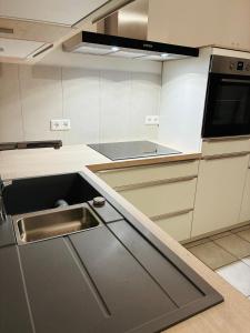 a kitchen with a sink and a stove top oven at Ferienwohnung Rebennah - modern - Freisitz - Küche - ideal für Monteure in Platten