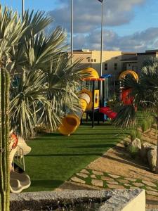a park with palm trees and chairs on the grass at Baja Toms B311 - 3 Bedrooms with a wonderful view in El Tule