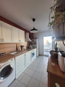 a kitchen with a sink and a washing machine at Gerland T2 standing - balcon - parking privé souterrain in Lyon +1 photo