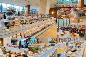 a collage of four pictures of a restaurant with food at Căn hộ khách sạn wyndham Thanh Thuỷ in La Phu