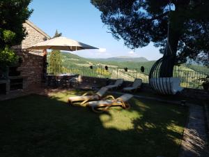 a group of chairs and an umbrella in the grass at La Terrazza di Collepino in Collepino