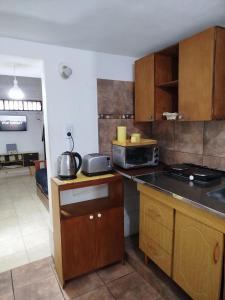 a kitchen with wooden cabinets and a microwave at Bruna Zona Alta in San Fernando del Valle de Catamarca