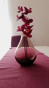 a vase with pink flowers sitting on a table at Apartment Soric in Senj