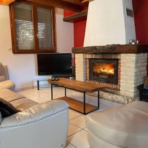 a living room with a tv and a fireplace at la fermette des lamas in Savigny-Lévescault