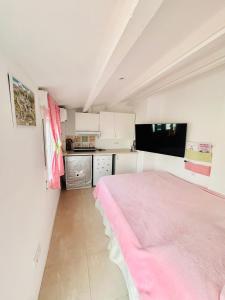 a bedroom with a pink bed in a room at Habitación con baño y cocina in Caudiel