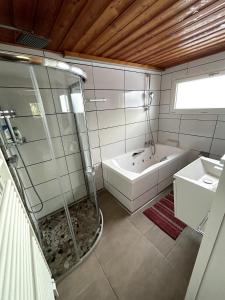 a bathroom with a shower and a tub and a sink at Chalet Beau-Site Anzère in Anzère