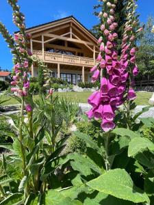 a garden with purple flowers in front of a building at Ferienwohnung Dahoam in Bernau am Chiemsee