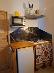 a kitchen with a stove and a microwave at Gîte dans La circulade - Le Pouget in Le Pouget
