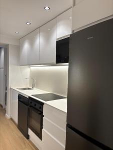una cucina con un lavello e un frigorifero nero di Apartamento Bailatús a Saragozza