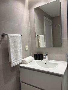 un bagno con un lavandino bianco e uno specchio di Apartamento Bailatús a Saragozza