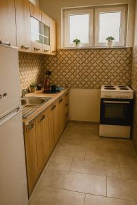 a kitchen with a sink and a stove at Apartman Sofija in Teslić