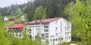 a large white building in the middle of a mountain at Hotel NOU Codrin in Vatra Dornei