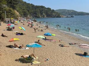 トゥーロンにあるMaison Cap Brun Jardin Parkingの傘を持って浜辺に横たわる人々