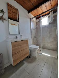 Un baño con lavabo, inodoro y ducha. en Casa Deco, en San Borondón