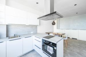 a kitchen with white cabinets and a stove top oven at Urban Oasis Stodůlky in Prague
