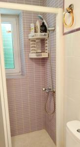 a bathroom with a shower with pink tiles at Casa Rural Galaroza La Bella in Galaroza