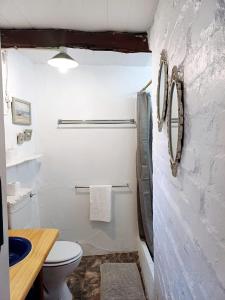 a white bathroom with a toilet and a sink at The Coach House Bredasdorp in Bredasdorp