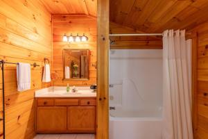 a bathroom with a tub and a sink and a shower at Hemlock Hideaway in Boone +32 photos
