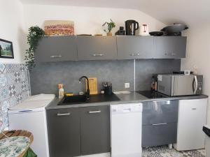 een keuken met grijze kasten en een wastafel bij Bel appartement centre Le Palais in Le Palais +30 foto's